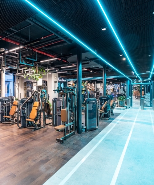 Fitnessgeräte in großer offenen Fläche mit heller blauer Beleuchtung und dunklem Holzparkett